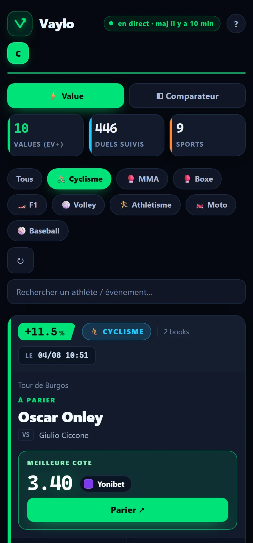 Vaylo sur téléphone : le feed Value adapté au mobile